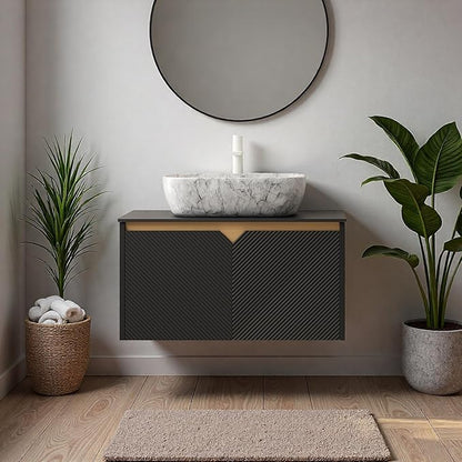 Floating Bathroom Vanity with Sink, 30" Bathroom Storage Cabinet with Sintered Stone Countertop & Marble-Pattern Ceramic Basin, Modern Wall-Mounted Vanity with 2 Twill Pattern Doors, Black