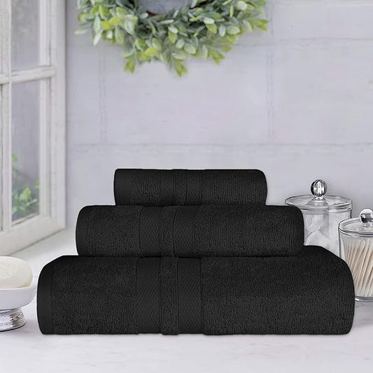 Superior Ultra-Soft 3-Piece Cotton Towel Set, Daily Use for Bathroom, Guest Room, Quick Dry, Set Includes 1 Bath Towel, 1 Hand Towel and 1 Washcloth, Essential Plush Towels for Home, Black