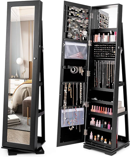 LOKO 360° Rotating Jewelry Armoire, Freestanding Jewelry Cabinet with Inside Makeup Mirror, 2-in-1 Lockable Jewelry Organizer w/Full-Length Mirror for Girls Women (Black)