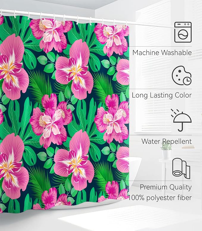 Shower Curtain for Bathroom Stall Boho Modern Cute Aesthetic Decorative Girly Waterproof Unique Pink Flowers Girls Chic Plants Design Teen Pretty Women Cortinas de Baño Bathtub 72 x72 Inch