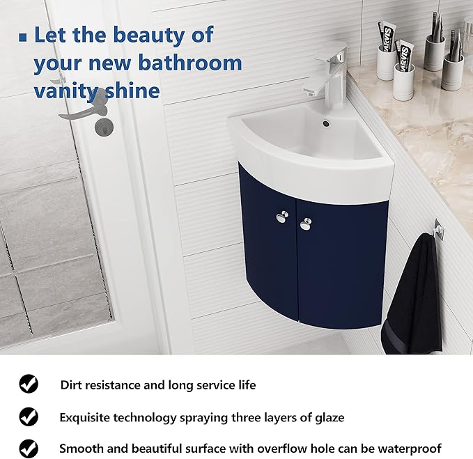 12 Inch Bathroom Vanity with White Sink Combo, Wall-Mounted Bathroom Vanity 2 Door for Small Space, Modern Floating Bathroom Cabinet with Top Basin & Storage Cabinet,Blue