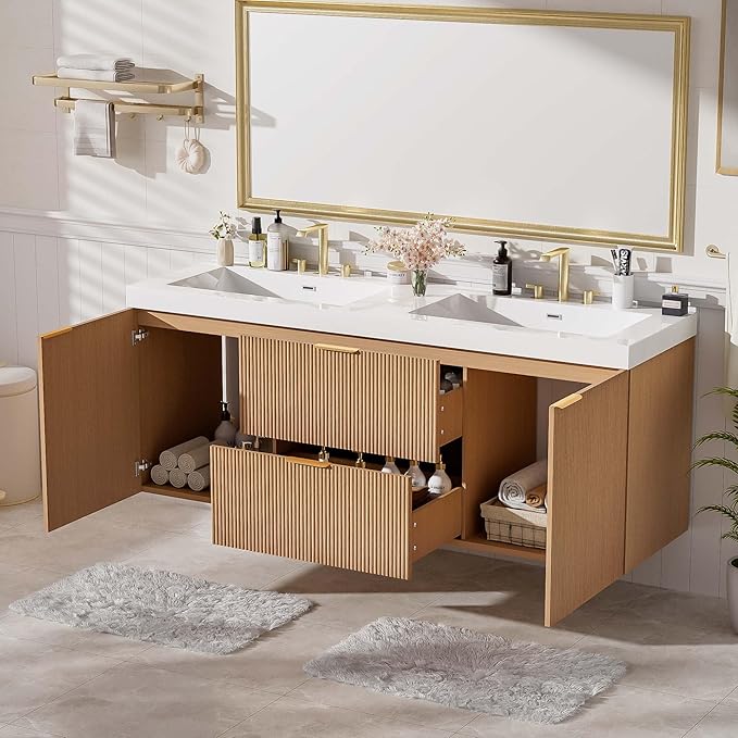 Merax 60 inch Bathroom Vanity with Double Sink, Floating Bathroom Vanities with SMC Resin Top, Painted MDF Cabinet with Solid Wood Frame, Wall-Mounted Modern Storage Vanity for Large Bathrooms