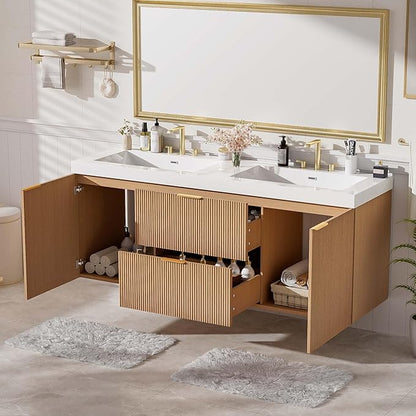 Merax 60 inch Bathroom Vanity with Double Sink, Floating Bathroom Vanities with SMC Resin Top, Painted MDF Cabinet with Solid Wood Frame, Wall-Mounted Modern Storage Vanity for Large Bathrooms