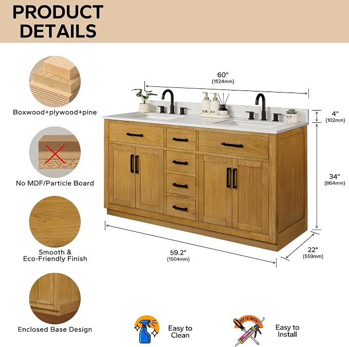 60-inch Natural Oak Bathroom Vanity with 2 Sinks, Solid Wood, 0.79-inch Stone Countertop and Backsplash, 6 Drawers, 4 Soft Closing Doors