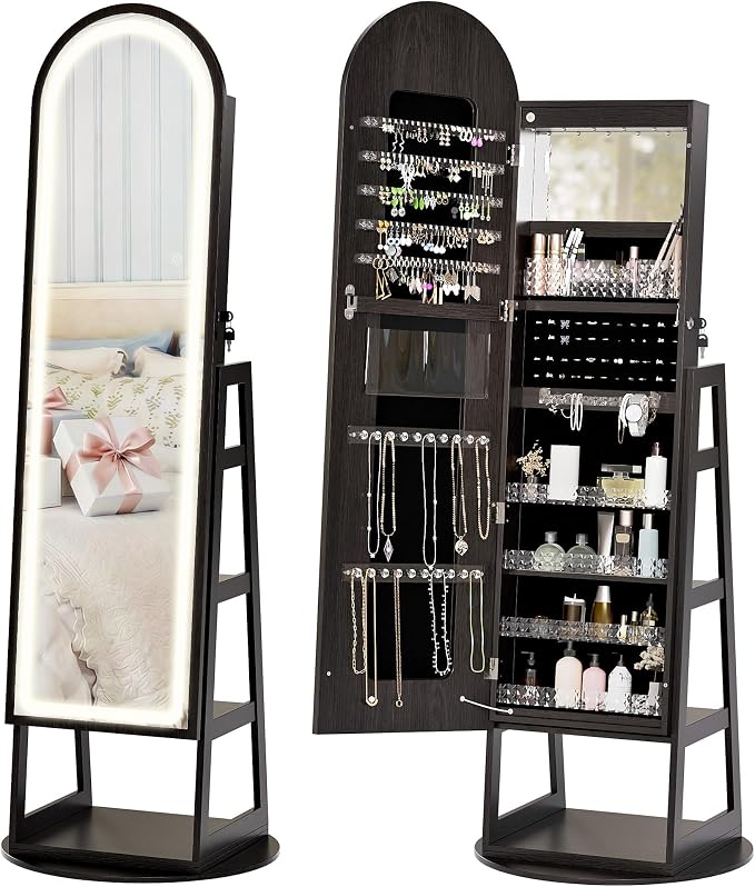 Zamilidon Full Length Mirror LED Lockable Black Standing Jewelry Armoire | Secure lock design, multi-layer jewelry compartment, soft dimmable lighting, space-saving floor layout
