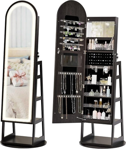 Zamilidon Full Length Mirror LED Lockable Black Standing Jewelry Armoire | Secure lock design, multi-layer jewelry compartment, soft dimmable lighting, space-saving floor layout