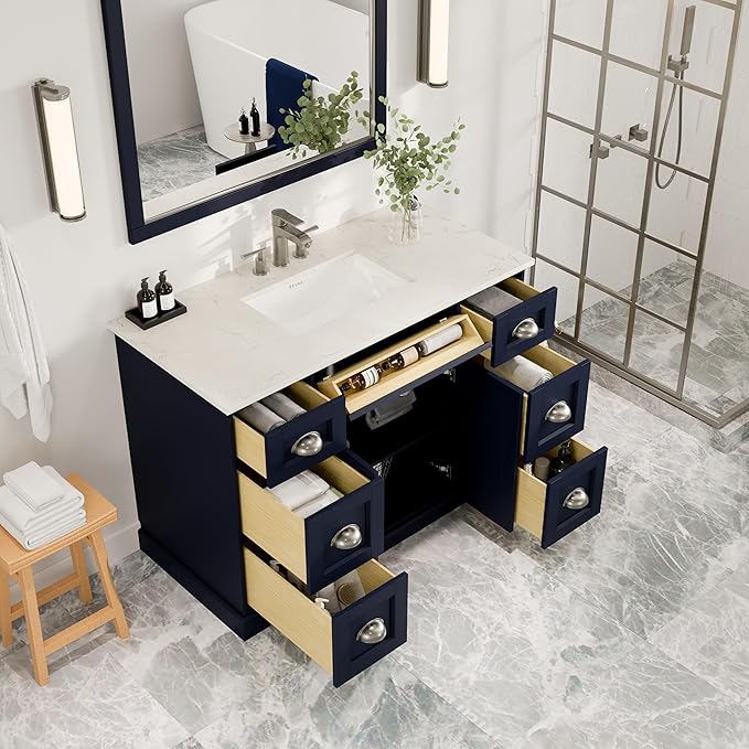 Eviva Epic 48 in. Blue Bathroom Vanity with White Carrara Quartz Countertop