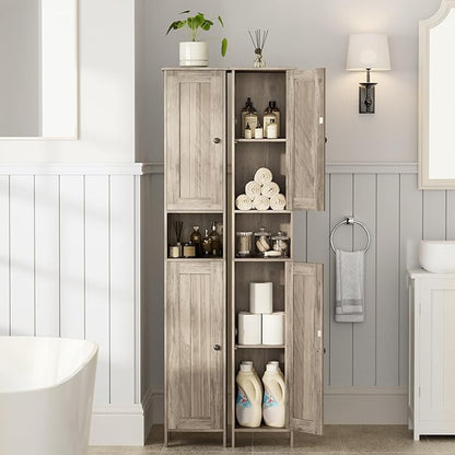 Tall Bathroom Storage Cabinet with 2 Doors, 67"H Narrow Storage Cabinet with Adjustable Shelves& Anti-Tip Design, Reversible Door Installation, Easy Assembly, 11.8 x 11.8 x 66.9 Inches, Greige