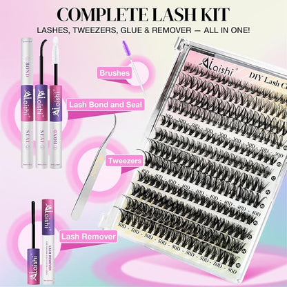 Lash Clusters Kit, DIY Cluster Eyelash Extensions 9‑16mm, 30D+40D+50D, 240pcs Fluffy D Curl Natural Lashes with Lash Bond and Seal,Tweezers, Remover, Brush–Waterproof Fake Wispy Individual Clusters