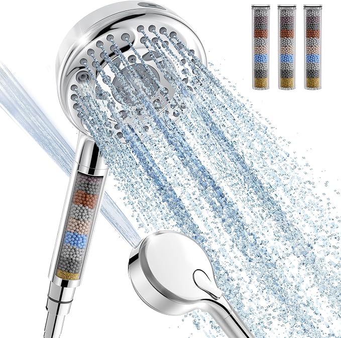 SunCleanse Filtered Shower Head with Handheld,9-Spray Setting High Pressure Detachable Shower Head with 4 Filters for Hard Water - Filter Chlorine, Improve Skin and Hair Texture(4 Filters, Chrome)