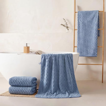 REDKISS 4 Pack Blue Microfiber Bath Towels - Large Shower Towels Set for Bathroom, Super Absorbent Towel Set of 4 Lagre, Quick Dry Bathroom Towel for Spa, Gym,Travel, Lint Free, Ultra Soft