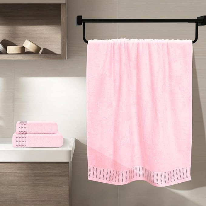 Ultra Soft 3 Pack Cotton Towel Set, Contains a Bath Towels 28x55 inch, a Hand Towels 16x24 inch & a Wash Coths 12x12 inch, Ideal Everyday use, Compact & Lightweight - Pink