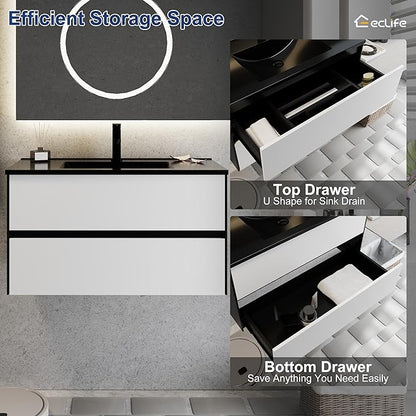 eclife 36" Bathroom Vanity Cabinet with Undermount Black Sink Combo, Wall Mounted Floating Bathroom Cabinet with Colors Mixed Style, 2 Big Drawers & Matte Black Faucet