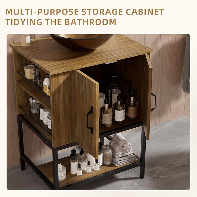 VNN Small Bathroom Vanity with Sink - 24 Inch Vanity with Sink, Freestanding Cabinet with Open Shelf, Modern Iron Wood Bathroom Cabinet with Countertop Tempered Glass Vessel, Oak