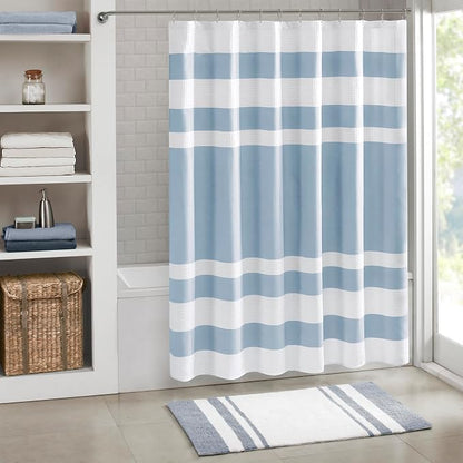 Madison Park Spa Waffle Shower Curtain for Bathroom, 72 x 72, Blue | Striped, Pieced Fabric Design, 3M Scotchgard Moisture Management, Hotel Quality, Modern, for Bathroom, OEKO-TEX Certified
