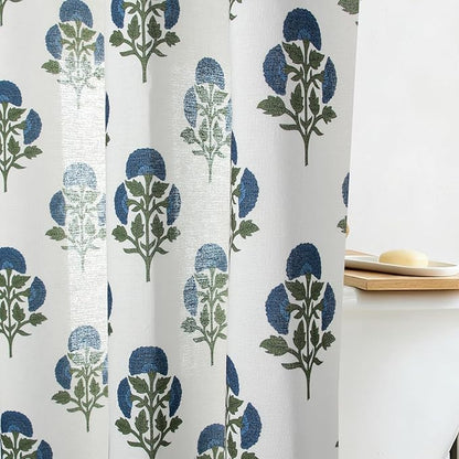 MUGINYU Blue Floral Shower Curtain Sets - 72x72 Inches,Cotton Blend Cloth Fabric,Girly Cute Coquette Style with Green Block Print for French Country Bathroom Decor