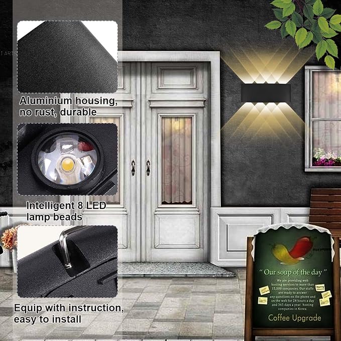 Kawell 8W Waterproof Modern Wall Light LED Wall Lamp Aluminum LED Wall Sconce Up Down Indoor Outdoor for Bathroom Bedroom Hallway Porch Corridor Hotel Doorway Garden Pathway, Black 3000K