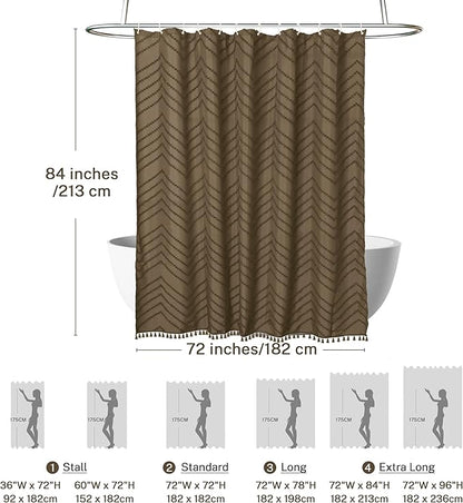 Extra Long Boho Shower Curtain, Woven Fabric 84 in Khaki, 72 x 84, Tufted Chevron Striped Modern Chic Textured Minimalist Bathroom Shower Curtain