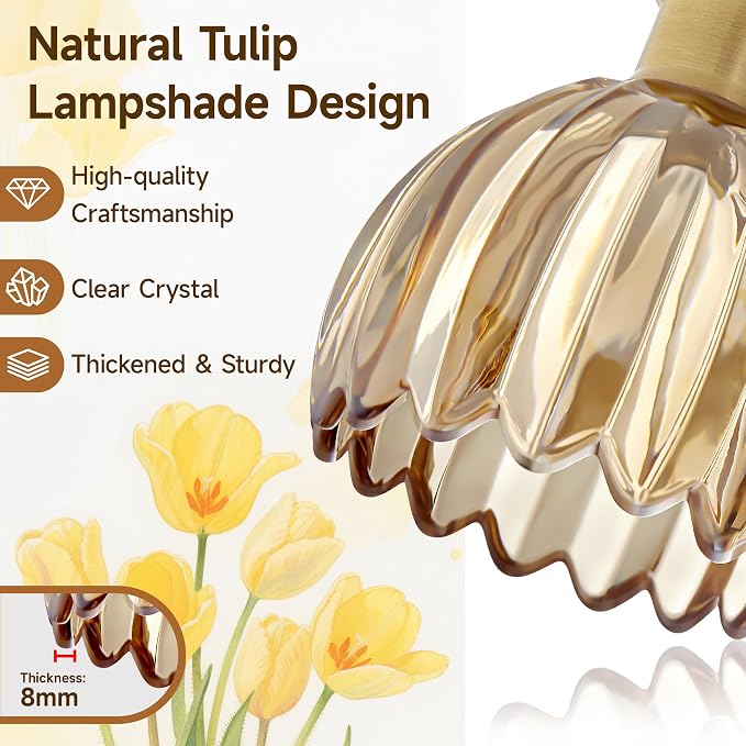 2 Light Bathroom Vanity Lights Over Mirror,Vintage Wall Sconce,Antique Brass Bathroom Light Fixtures,Tulip Sconces Wall Lighting with Amber Thick Glass Shade for Bedroom Living Room, E26 Base