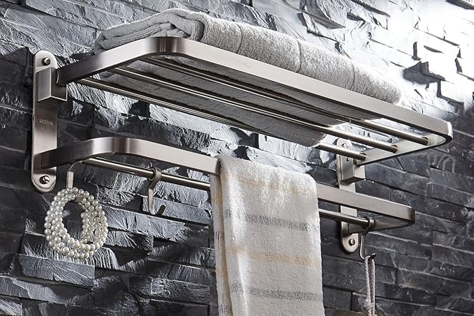 ELLO&ALLO Stainless Steel Towel Racks for Bathroom Shelf Double Towel Bar Holder with Hooks Wall Mounted Multifunctional Foldable Brushed Nickel