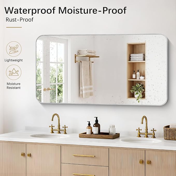 DESBING 55"x30" Bathroom Mirror for Over Sink, Silver Framed Wall Mirror | High-Definition Shatterproof Vanity Mirror with Rounded Corner for Bedroom Living Room Entryway Horizontally or Vertically