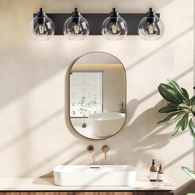 Bathroom Light Fixtures-Matte Black Vanity Lights for Bathroom, Modern Black Vanity Lights 4-Light Bathrooms Lighting Fixtures Over Mirror with Clear Glass Shade