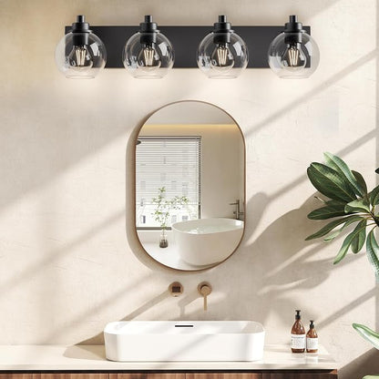 Bathroom Light Fixtures-Matte Black Vanity Lights for Bathroom, Modern Black Vanity Lights 4-Light Bathrooms Lighting Fixtures Over Mirror with Clear Glass Shade