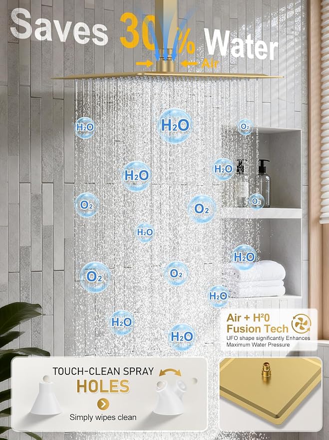 Woindo Shower Faucet Set, 10" Ceiling Mount Rainfall Shower System with 2 Rain Shower Head and Multi-function Handheld Head Push Button Diverter Shower Faucet Trim Kit