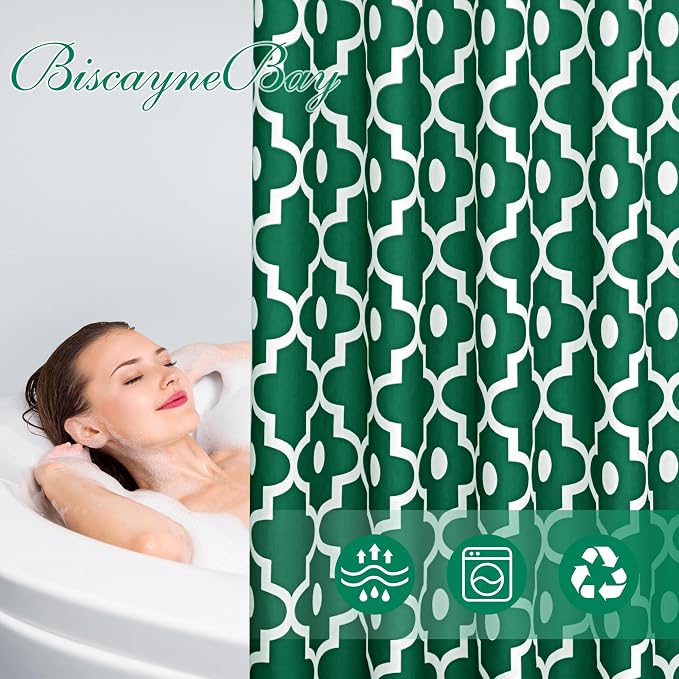 Fabric Modern Moroccan Shower Curtains for Bathroom-Hunter Green & White | 72"W x 72"L Textured Faux Linen Elegant Classic Bath Decor-Hotel Quality Transitional Geometric Washable & Breathable Cloth