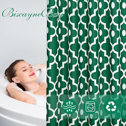 Fabric Modern Moroccan Shower Curtains for Bathroom-Hunter Green & White | 72"W x 72"L Textured Faux Linen Elegant Classic Bath Decor-Hotel Quality Transitional Geometric Washable & Breathable Cloth