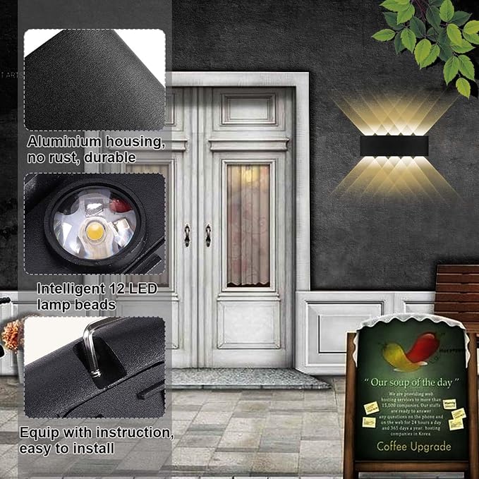 Kawell 10W Waterproof Modern Wall Sconces LED Wall Light Up Down Aluminum Wall Lamp LED Indoor Outdoor for Bedroom Living Room Bathroom Porch Stairs Hotels Garden Pathway, Black 3000K