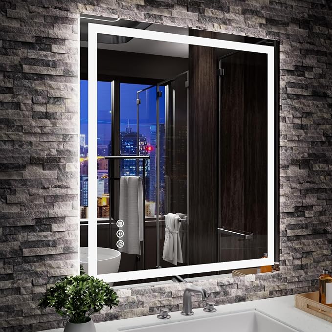LED Mirror for Bathroom, 28"x32" with Front Light and Backlight | Stepless Dimmable, Anti-Fog, Shatter-Proof, HD Reflection, Memory, 3 Colors Lighting, UL Listed (Horizontal/Vertical).