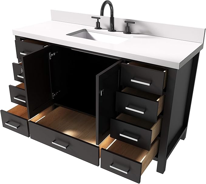 ARIEL Cambridge 54-inch Bathroom Vanity with Sink,Solid Wood, 1.5-inch Pure White Quartz Countertop, Single Rectangular Porcelain Sink, 2 Soft Closing Doors, 9 Dovetail Drawers, Espresso
