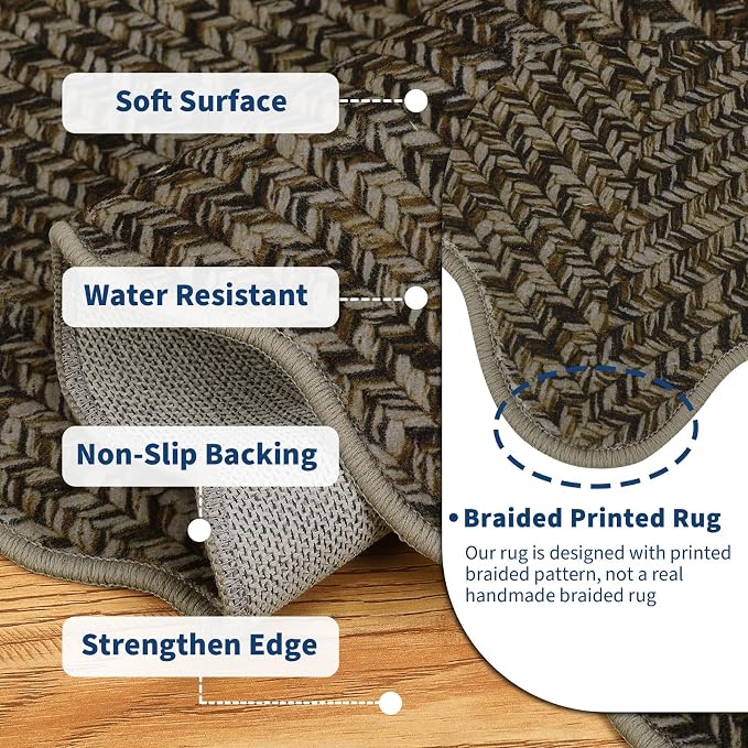 Imitation Braided Collection-Print Large Washable Rug 9x12 Non-Slip Rugs for Living Room, Natural Bordered Carpet, Stain Resistant Thin Foldable Floor Cover Bedroom for Nursery Dining Room