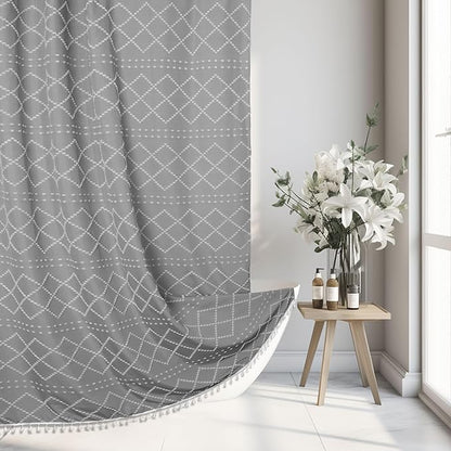 Boho Grey Textured Shower Curtain with Tassels 72 x 72 Tufted Chevron Striped Chenille Woven Fabric Cloth Shower Curtain Modern Farmhouse Minimalist, Shabby Chic Home Decor for Bathroom
