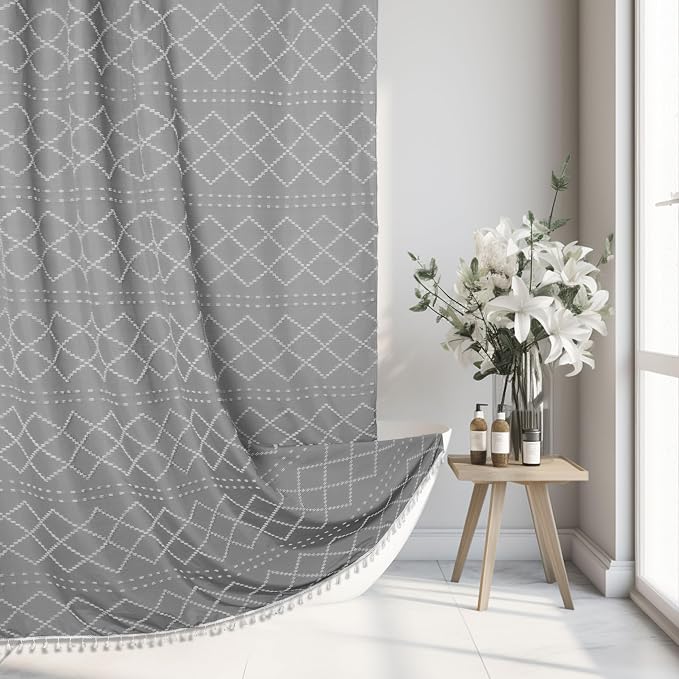 Siiluminisoy Extra Long Boho Grey Shower Curtain with Tassels 72 x 84, Tufted Chevron Striped Chenille Woven Fabric Cloth Shower Curtain Modern Farmhouse Minimalist, Shabby Chic Textured for Bathroom