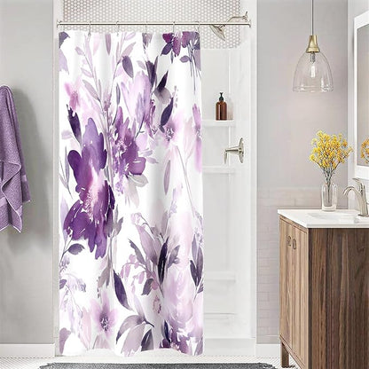 Small Stall Shower Curtain 36x72 Inch Half Narrow Watercolor Floral Decor | Purple Modern Abstract Flower Dorm Bathroom Shower Curtain Set with Hooks