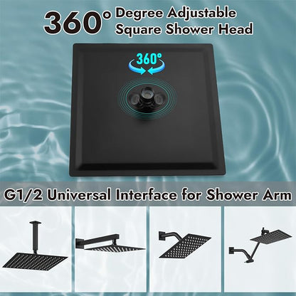 Midanya Square Rain Shower Head,High Pressure,Matte Black 16 Inch | 360°Swivel,Ceiling or Wall Mount,Waterfall Full Body Coverage,Bathroom Remodel,Stainless Steel Large Rainfall Shower Head