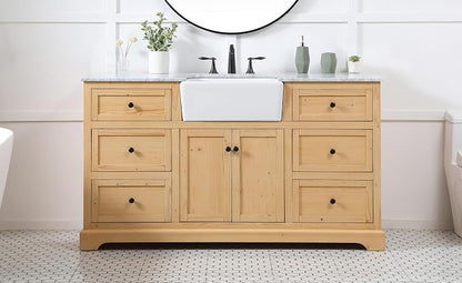 60" Pre-Assembled Bathroom Vanity with Sink, Solid Birch and MDF, Carrara White Marble Countertop Attached, Single Rectangle Porcelain Sink, 6 Soft-Close Drawers, Natural Wood