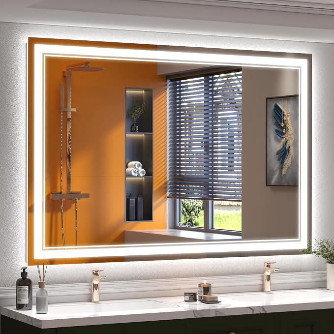 OKPAL 60x40 Lighted Bathroom Mirror, Anti-Fog LED Bathroom Mirror, Bathroom Mirror with Lights, Dimmable Lighted Vanity Mirror, Shatterproof, ETL Listed, Horizontal/Vertical