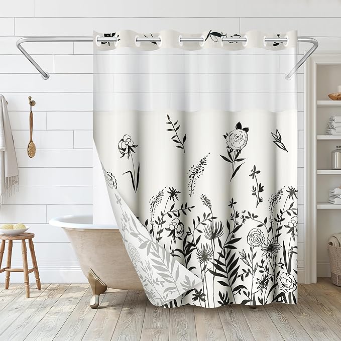 Americanflat 72x75 Hookless Shower Curtain - Water-Resistant Floral Shower Curtain with Sheer Panel, Snap-in Liner, and Grommets - 100% Polyester - Botanical Bathroom Curtains - Black and Ivory