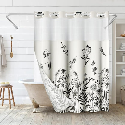 Americanflat 72x75 Hookless Shower Curtain - Water-Resistant Floral Shower Curtain with Sheer Panel, Snap-in Liner, and Grommets - 100% Polyester - Botanical Bathroom Curtains - Black and Ivory