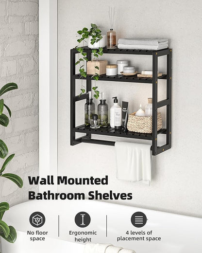 Galood Over The Toilet Storage Bathroom Shelves Wall Mounted 3 Tier Black-L | Space Saver Corner Shelf Organizer Bamboo Towel Rack Toilet Paper Cabinet with Hanging Rod