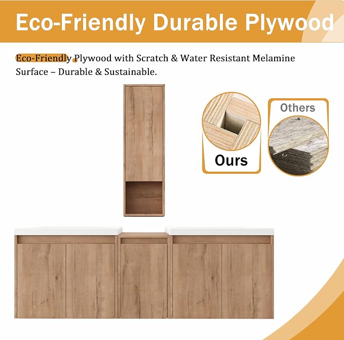 60'' Floating Bathroom Vanity with Double Sink, and 1 Side Cabinet, Brown | Double Sink Combo with 12" Side Cabinet, Plywood Cabinet, Resin Basin, Ample Storage, Soft-close Hinge, Assembly Required