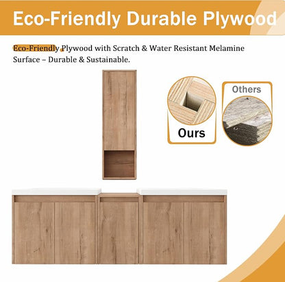 60'' Floating Bathroom Vanity with Double Sink, and 1 Side Cabinet, Brown | Double Sink Combo with 12" Side Cabinet, Plywood Cabinet, Resin Basin, Ample Storage, Soft-close Hinge, Assembly Required