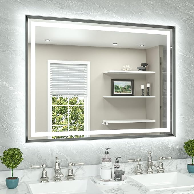 48 x 36 Bathroom LED Mirror Brushed Gunmetal Gray/Off‑Black Frame Frontlit & Backlit Vanity Mirror Anti-Fog Stepless Dimmable 3 Colors White/Warm/Natural Wall-Mounted
