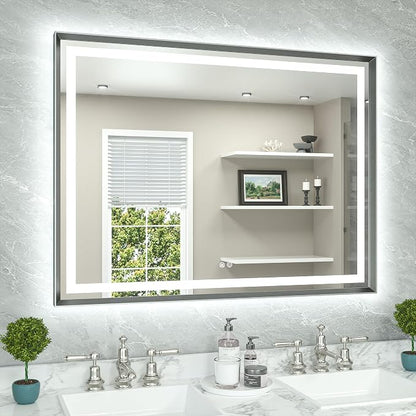 48 x 36 Bathroom LED Mirror Brushed Gunmetal Gray/Off‑Black Frame Frontlit & Backlit Vanity Mirror Anti-Fog Stepless Dimmable 3 Colors White/Warm/Natural Wall-Mounted