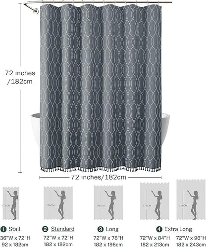 OVZME Dark Grey Shower Curtain for Bathroom, Puff Printed Textured Shower Curtain with Tassels, Rustic Geometry Heavy Duty Vintage Country Bathroom Curtain, Water Resistant Fabric, 72Wx72L Inches