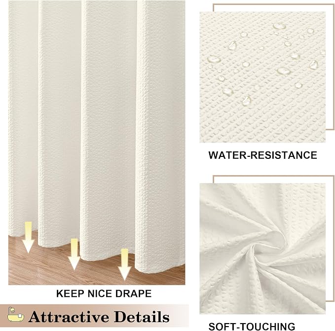 Berry Extra Long Cream Shower Curtain 96 Inch Long, 3D Embossed Texture Fabric Bathroom Shower Curtain, Large Hotel Bath Curtain with 12 Holes, Washable Cloth Shower Curtains, 72x96, Cream
