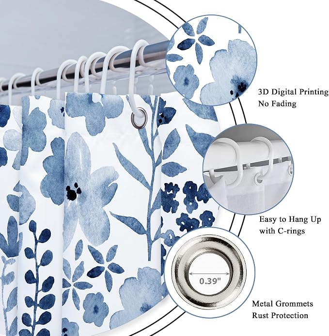 Navy Blue Floral Wildflower Watercolor Flower Bathroom Shower Curtain Set | 72"W x 72"H Leaves Botanical; waterproof HD print, quick-dry fabric with 12 hooks for easy hanging.